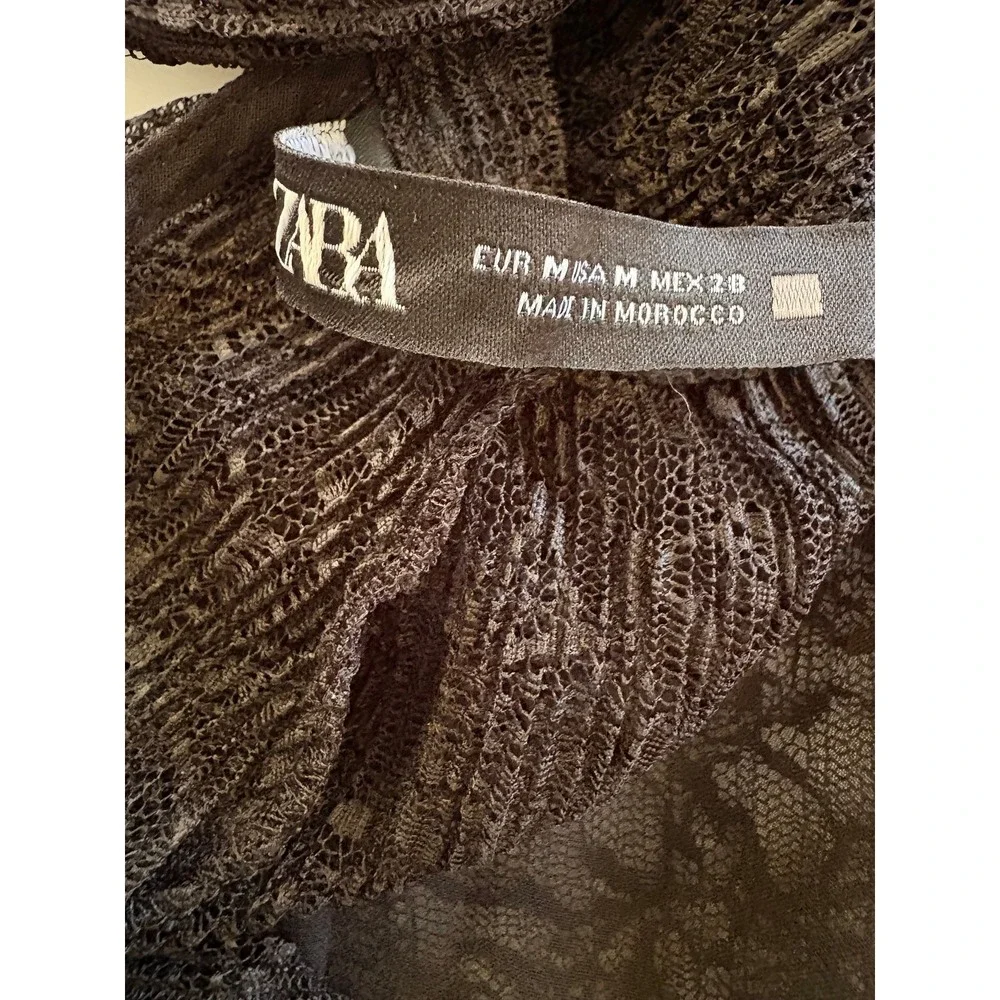 Zara Black Lace Crop Top High Neck Tie Sheer Long Sleeve Blouse Women's M